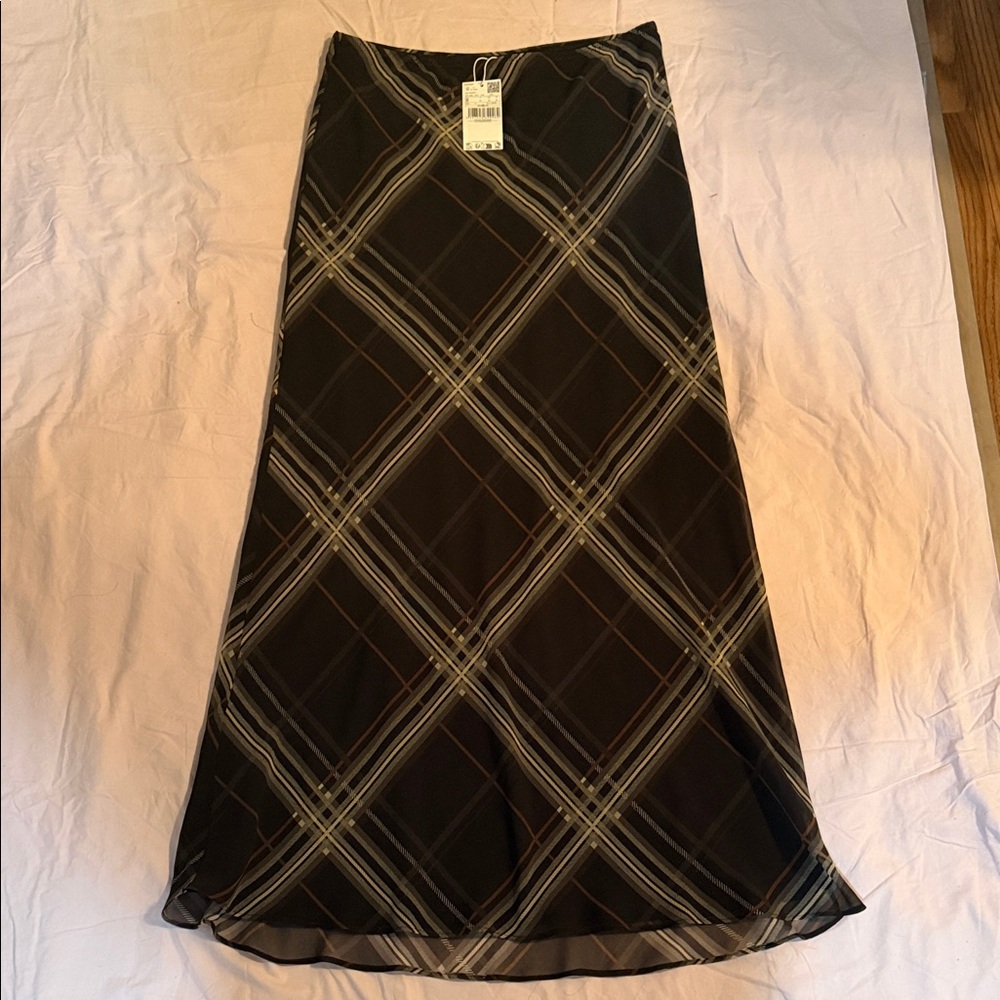 Mango Black and Gold Plaid Maxi Skirt
